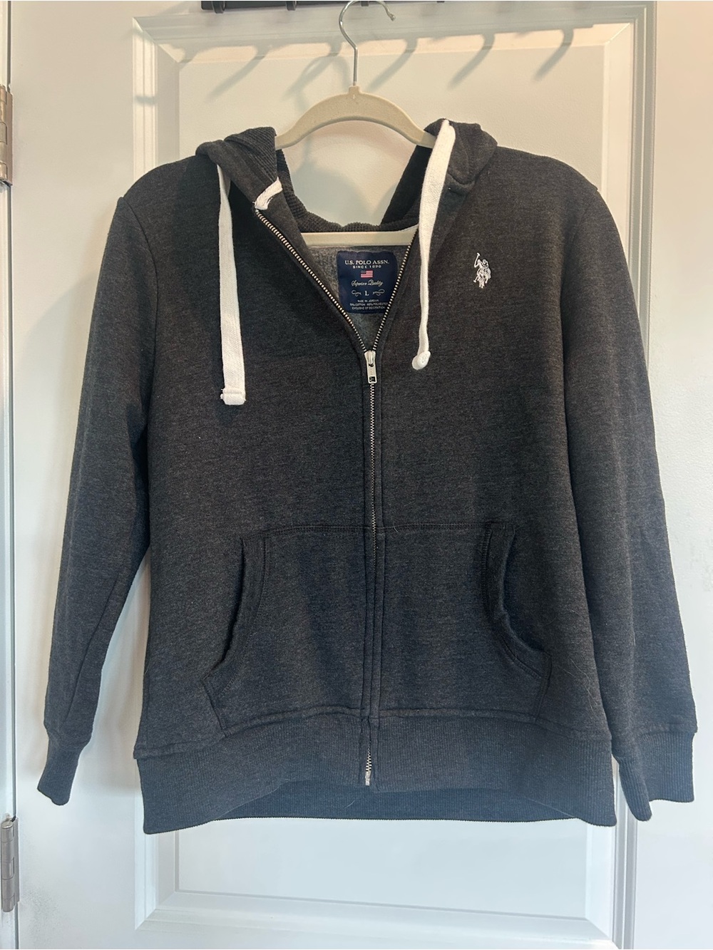 U.S. Polo Assn. Charcoal Gray Full-Zip Hoodie with White Drawstrings